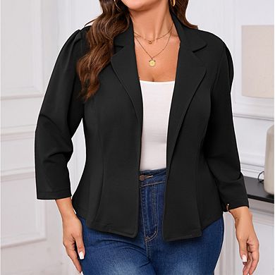 Women's Open-Front Plus Size Blazer 3/4 Sleeve Padded Shoulder Jacket