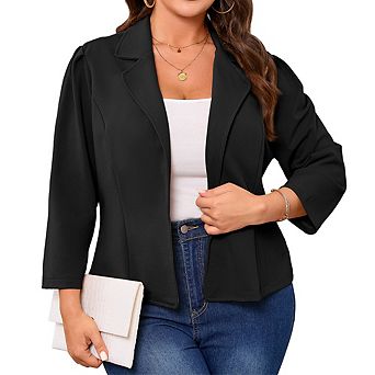 Women's Open-Front Plus Size Blazer 3/4 Sleeve Padded Shoulder Jacket