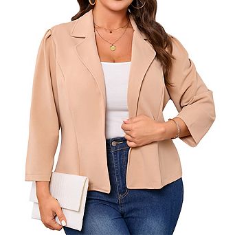Women's Open-Front Plus Size Blazer 3/4 Sleeve Padded Shoulder Jacket