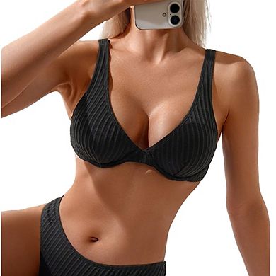 Women's V-Neck Bikini Set Ribbed High-Waist 2-Piece Swimsuit