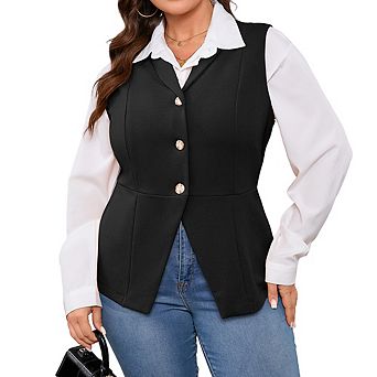 Women's Tailored Waist Plus Size Vest Sleeveless Button-Front Blazer Vest