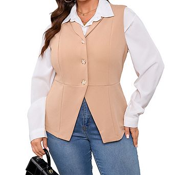 Women's Tailored Waist Plus Size Vest Sleeveless Button-Front Blazer Vest