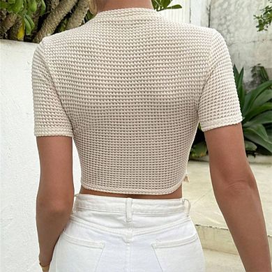 Women's Crew Neck Cropped Top Short Sleeve Knit Fringe Trim Blouse