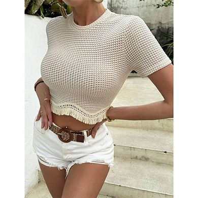 Women's Crew Neck Cropped Top Short Sleeve Knit Fringe Trim Blouse