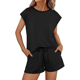 Women's Crew Neck Loose Sleeveless Top & Shorts 2 pc Summer Casual Comfort Loungewear Set Pocket