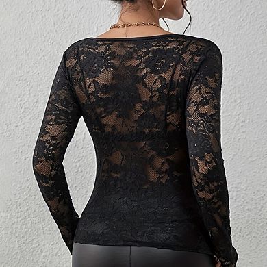 Women's V-Neck Long Sleeve Sheer Blouse Floral Lace Pattern Top