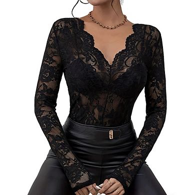 Women's V-Neck Long Sleeve Sheer Blouse Floral Lace Pattern Top