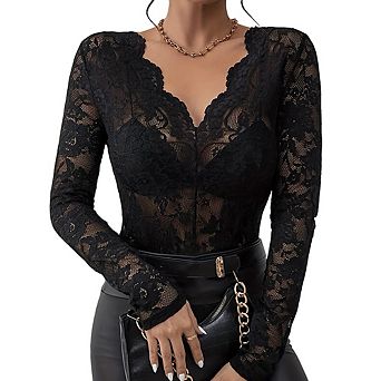 Women's V-Neck Long Sleeve Sheer Blouse Floral Lace Pattern Top