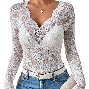 Women's V-Neck Long Sleeve Sheer Blouse Floral Lace Pattern Top