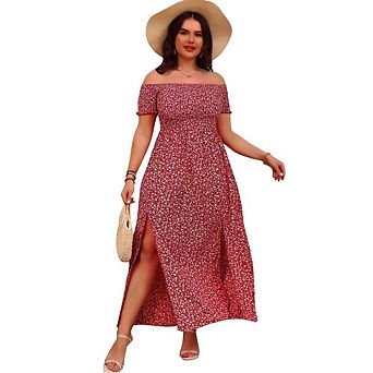 Women's Plus Size Floral Off Shoulder Side Slit Maxi Dress Smocked Casual Summer Flowy Long Dress