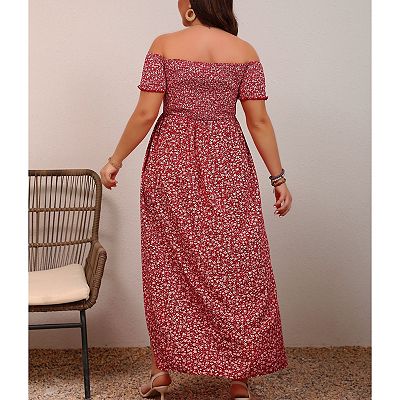 Women's Plus Size Floral Off Shoulder Side Slit Maxi Dress Smocked Casual  Summer Flowy Long Dress