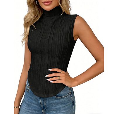 Women's Fitted Sleeveless Turtleneck Tank Top Crinkled Turtleneck Blouse Summer Top