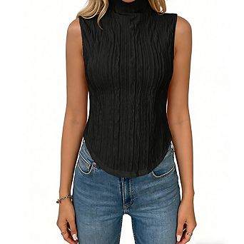 Women's Fitted Sleeveless Turtleneck Tank Top Crinkled Turtleneck Blouse Summer Top