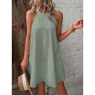 Women's Halter Neck Eyelet Hollowed Out Sleeveless Button Back Mini Dress  Summer Casual Short Dress