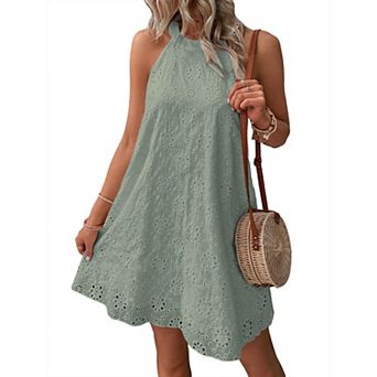 Women's Halter Neck Eyelet Hollowed Out Sleeveless Button Back Mini Dress Summer Casual Short Dress