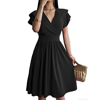 Women's V-Neck Smocked Waist Flared Dress Wrap Ruffled Short Sleeve Dress