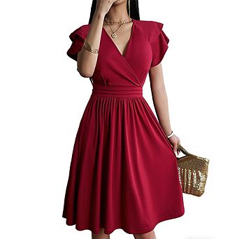 Women's V-Neck Smocked Waist Flared Dress Wrap Ruffled Short Sleeve Dress