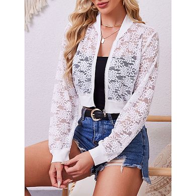 Women's Lace Sheer Long Sleeve Cropped Bomber Jacket Summer Casual Lightweight Outerwear Shirt