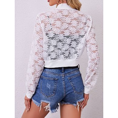Women's Lace Sheer Long Sleeve Cropped Bomber Jacket Summer Casual Lightweight Outerwear Shirt