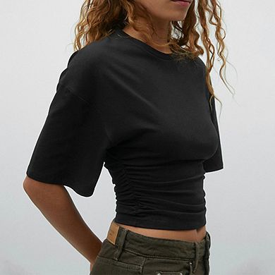 Women's Crew Neck Shirt Blouse Half-Sleeve Crew Neck Ruched Crop Top