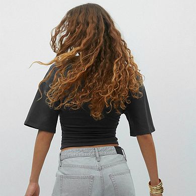 Women's Crew Neck Shirt Blouse Half-Sleeve Crew Neck Ruched Crop Top