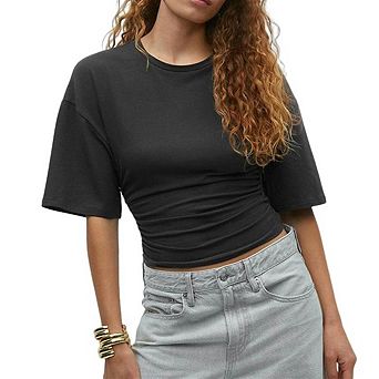 Women's Crew Neck Shirt Blouse Half-Sleeve Crew Neck Ruched Crop Top
