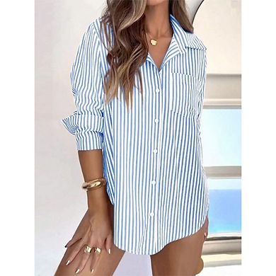 Women's Striped Button-Front Blouse Collared Long Sleeve Pocket Shirt