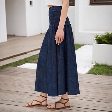 Women's Denim Maxi Skirt Smocked Ruffled Waist Flowy Skirt