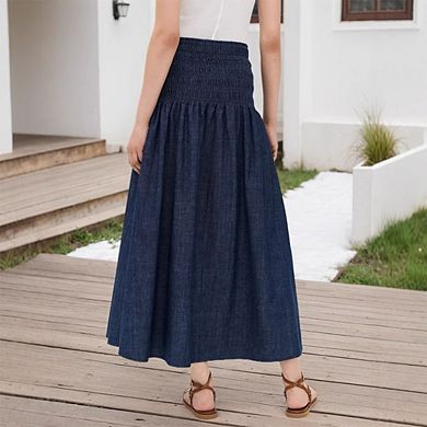 Women's Denim Maxi Skirt Smocked Ruffled Waist Flowy Skirt