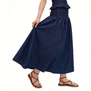 Women's Denim Maxi Skirt Smocked Ruffled Waist Flowy Skirt