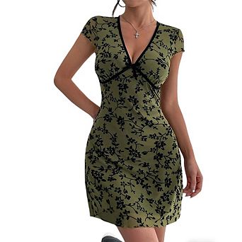 Women's Short Sleeve Floral Dress Deep V-Neck Fitted Mini Dress
