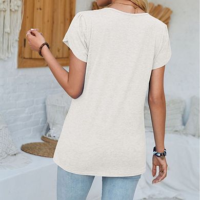 Women's Flutter Sleeve V-Neck Top Crochet Trim Short Sleeve Blouse