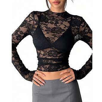 Women's Mock Neck Long Sleeve Sheer Blouse Cropped Lace Summer Top