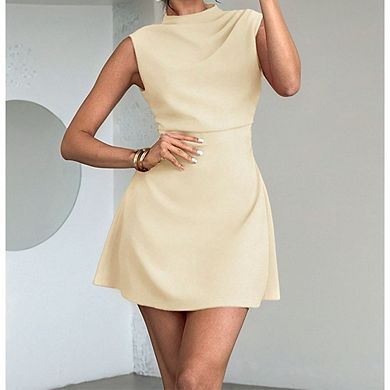 Women's Mock Neck Sleeveless Dress Fitted Flared Hem Mini Dress