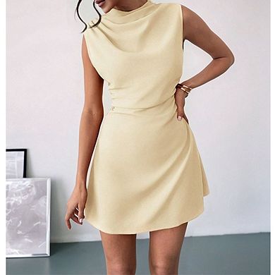 Women's Mock Neck Sleeveless Dress Fitted Flared Hem Mini Dress
