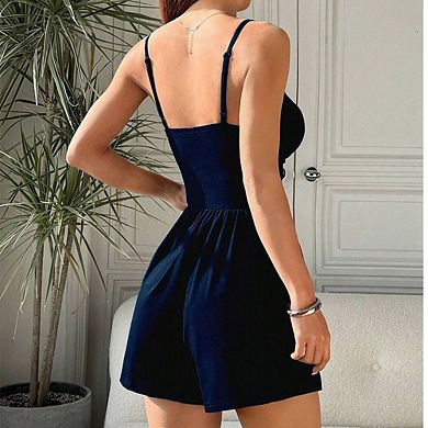 Women's Spaghetti Strap Square Neck Ruched Waist Flared Romper Short Romper
