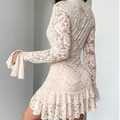 Women's Fitted Lace Mini Dress - Long Sleeve Deep V-Neck Ruffled Hem Dress