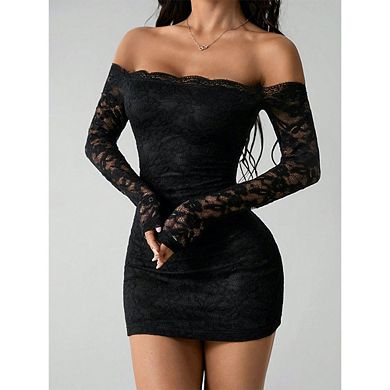 Women's Long Sleeve Lace Mini Dress Off-Shoulder Fitted Dress