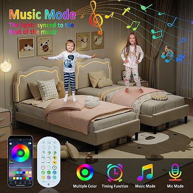 Upholstered LED Bed Frame with Adjustable Headboard Velvet Kids Platform Bed