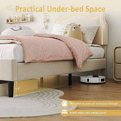 Upholstered LED Bed Frame with Adjustable Headboard Velvet Kids Platform Bed