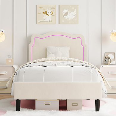 Upholstered LED Bed Frame with Adjustable Headboard Velvet Kids Platform Bed