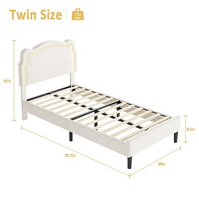 Upholstered LED Bed Frame with Adjustable Headboard Velvet Kids Platform Bed