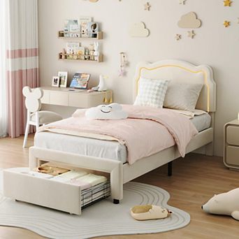 Upholstered LED Bed Frame with Adjustable Headboard Velvet Kids Platform Bed