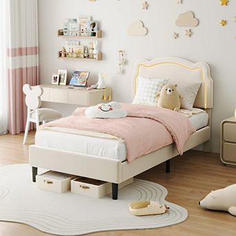 Upholstered LED Bed Frame with Adjustable Headboard Velvet Kids Platform Bed