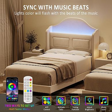 Platform Bed Frame with Bookcase Storage Headboard and LED Light