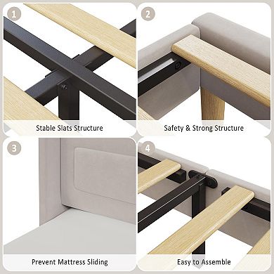 Platform Bed Frame with Bookcase Storage Headboard and LED Light