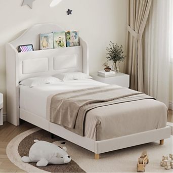 Platform Bed Frame with Bookcase Storage Headboard and LED Light