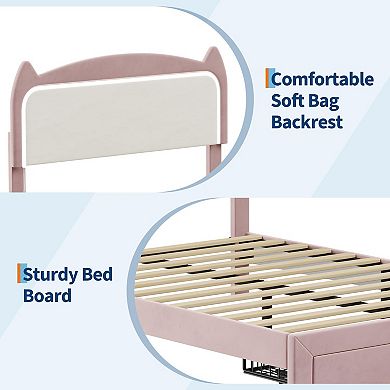 Upholstered LED Bed Frame with Storage Drawer & Cute Cat Headboard, Velvet Princess Platform Bed