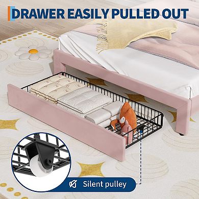 Upholstered LED Bed Frame with Storage Drawer & Cute Cat Headboard, Velvet Princess Platform Bed