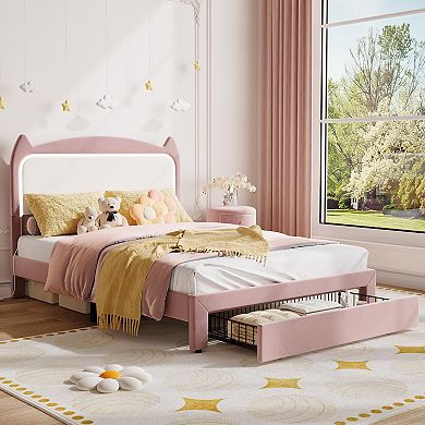 Upholstered LED Bed Frame with Storage Drawer & Cute Cat Headboard, Velvet Princess Platform Bed
